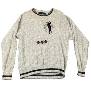 Carmel Mens Sweater Medium Pullover Knit Embroidered Vintage Golfer Argyle Beige
